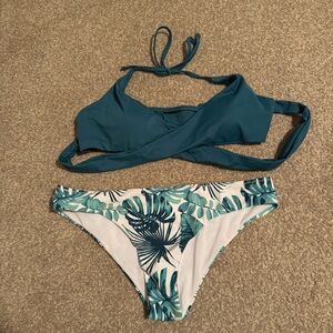 Teal and Leaf Tropical Print Bikini Set